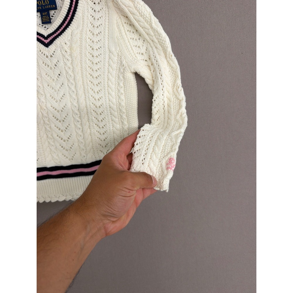 Polo Ralph Lauren Girls Cream Cable Knit Varsity V-Neck Sweater Size 4/4T 1831 - Picture 4 of 7